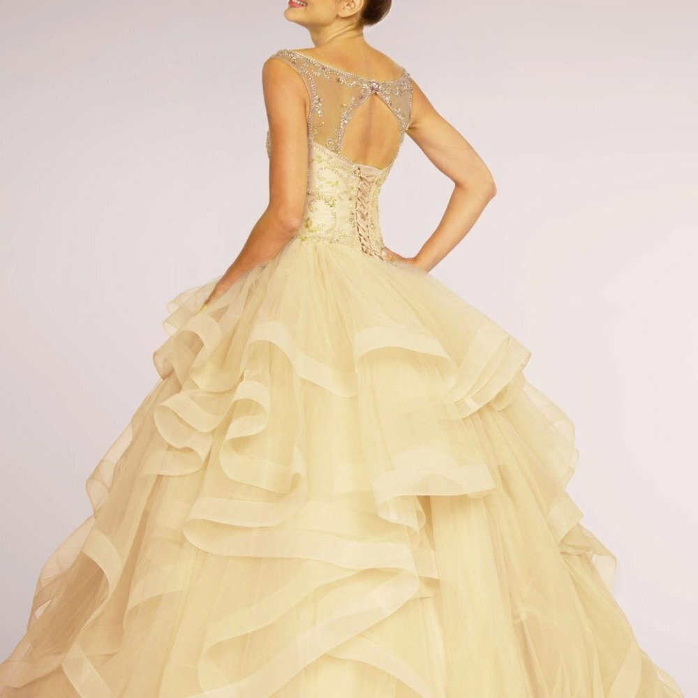 NEW CHAMPAGNE PROM FORMALL BALL GOWN Illusion Neck Sequin Evening Dress …